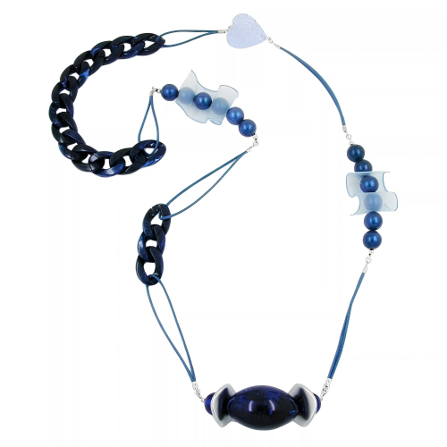 Blaue Pulloverkette 90 cm mit Kunststoffperlen, Organza und Kordel
