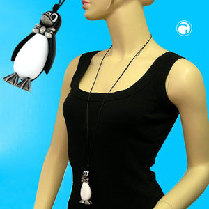 Kette, Pinguin schwarz-weiß silbergrau 90cm