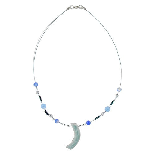 Kette Drahtkette mit Glasperlen und Anhänger Sichel graublau Email 42cm