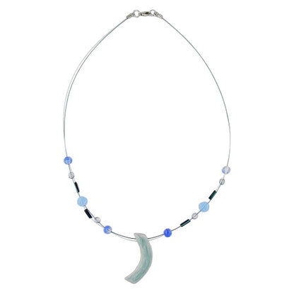 Kette Drahtkette mit Glasperlen und Anhänger Sichel graublau Email 42cm