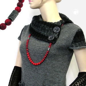 Kette Kunststoffperlen rot-schwarz Walze altsilberfarbig Kordel rot 90cm