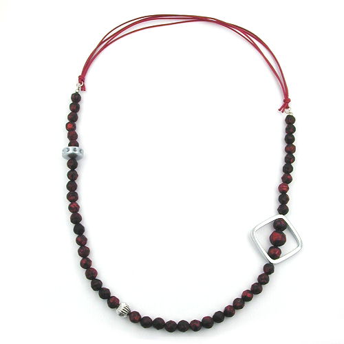 Kette 8mm Kunststoffperlen rot-schwarz silberfarbig Kordel rot 90cm