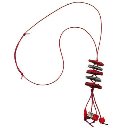 Kette Kunststoff Koralle rot-marmoriert altsilber Kordel dunkelrot 70cm