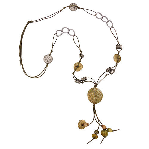 Kette Kunststoffperlen oliv-weiß altsilberfarben Kordel olivgrün 90cm