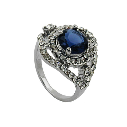 Ring 17mm großer blauer Glasstein mit kleinen weißen Glassteinen rhodiniert Ringgröße 50 - 56