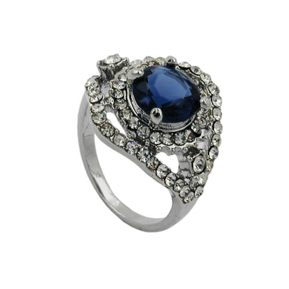 Ring 17mm großer blauer Glasstein mit kleinen weißen Glassteinen rhodiniert Ringgröße 50 - 56