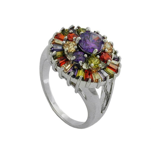 Ring 18mm lila Glasstein mit vielen bunten Glassteinen rhodiniert Ringgröße 54 - 60
