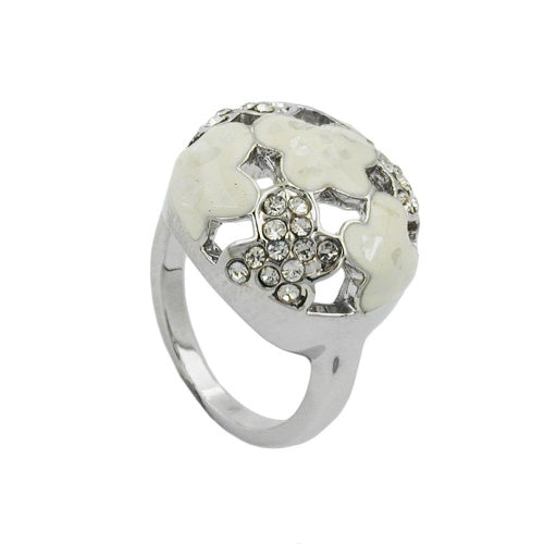 Ring 17mm mit weißen Glassteinen weiß-emaillierten Flächen rhodiniert Ringgröße 50 - 54 - 56