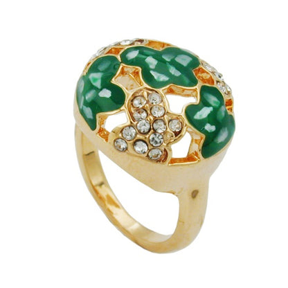 Ring 17mm mit weißen Glassteinen grün-emaillierten Flächen vergoldet Ringgröße 50 - 54 - 56