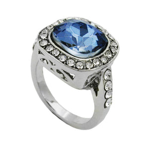 Ring 15,5mm großer blauer Glasstein mit kleinen weißen Zirkonias rhodiniert Ringgröße 50 - 52 - 54