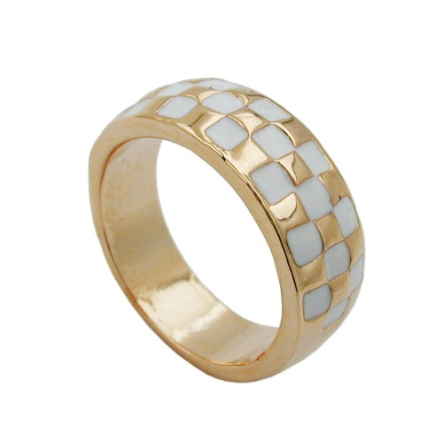 Ring 8mm Schachbrettmuster weiß emailliert vergoldet Ringgröße 50 - 54 - 56