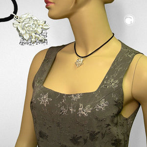Kette 32x25mm Anhänger Kunststoff Rose silberfarbig Kordel schwarz 38cm