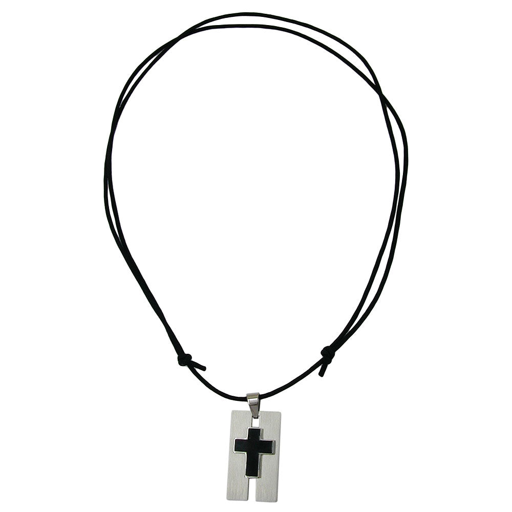 Kette 35x20mm Kreuz Edelstahl schwarz emailliert Kordel schwarz 90cm