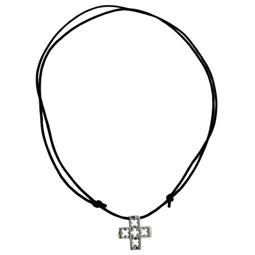 Kette 47x34mm Anhänger Kunststoff chromfarben Kordel schwarz 90cm
