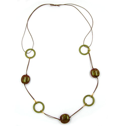 Kette 25x25x12mm Nugget Kunststoff oliv-braun-AB Kordel braun 100cm