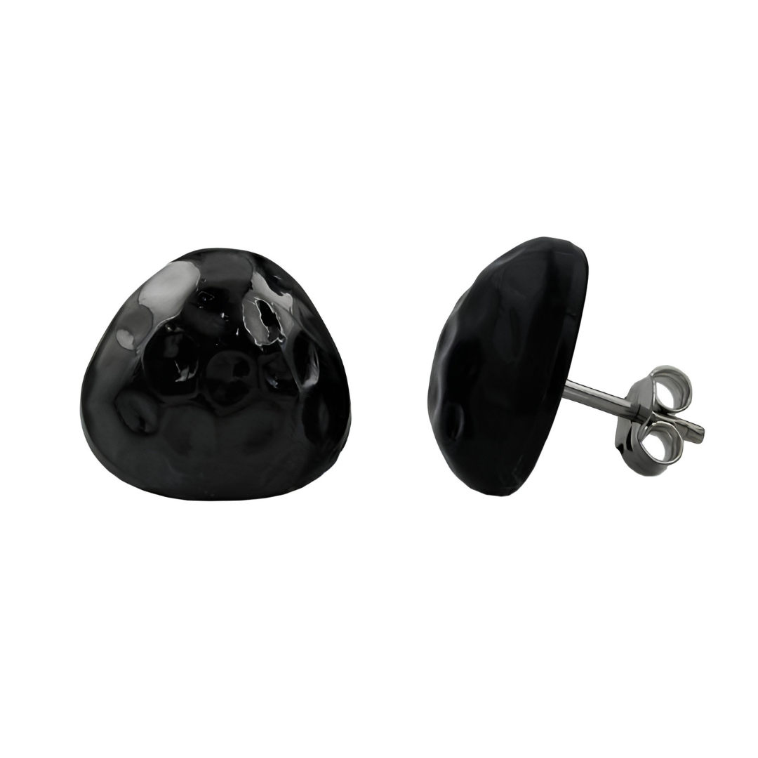 Schwarze gleichschenklige Dreieck-Ohrstecker in Hammeroptik, halbrund gewölbt, 14 mm