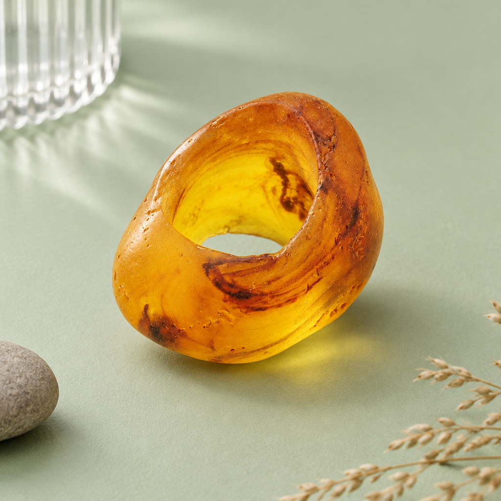 Bernsteinfarbener Kunststoff-Tuchring auf salbeigrünem Untergrund mit geriffeltem Glas, grauem Kiesel und getrockneten Grashalmen.