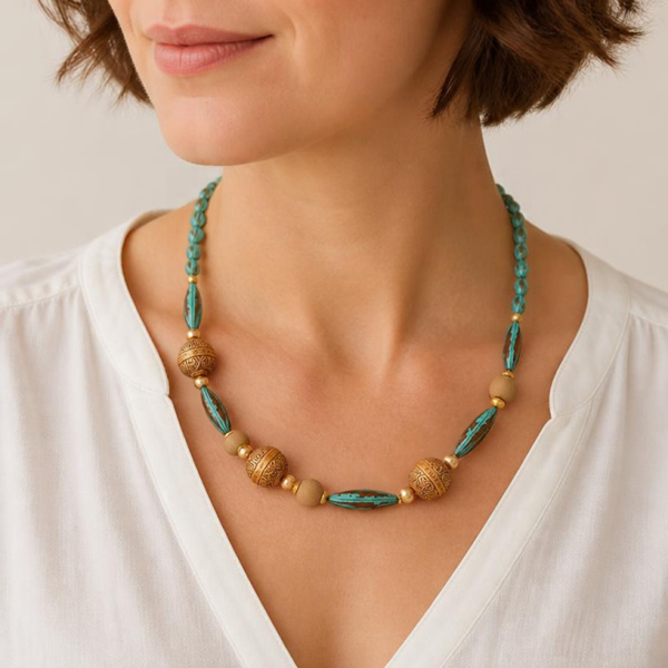 KI-generierte Frau in weißer Bluse mit einer türkis-patina-farbenen Perlenkette und altgoldfarbenen Musterperlen als Stylingbeispiel.