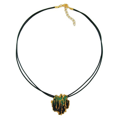 Kette 34x28mm Anhänger Borke grün-matt-goldfarben emailliert Metallguss Kordel dunkelgrün 42cm