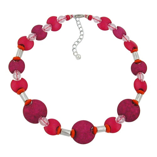 Kette 17mm und 23mm Scheiben pink und Perlen weiß-transparent Kunststoff 42cm