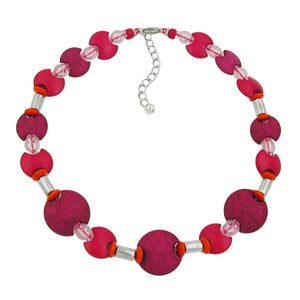 Kette 17mm und 23mm Scheiben pink und Perlen weiß-transparent Kunststoff 42cm