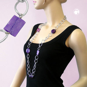 Modeschmuck-Kette lila Kunststoffperlen Weitpanzer Aluminium 100cm