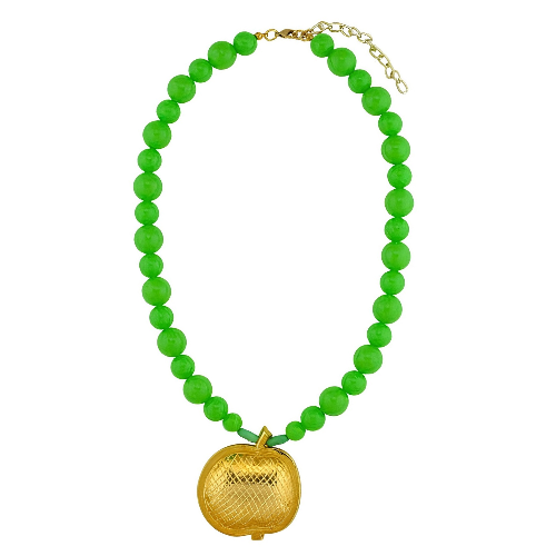 Apfelgrüne Kette 42 cm mit goldfarbenem Apfel-Anhänger 42 x 37 mm