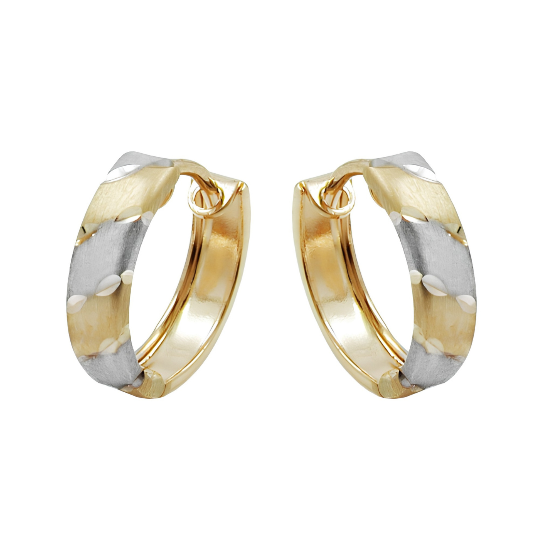 Bicolor-Creolen aus 9 Karat Gold, 12 × 3 mm, mit rhodinierten Akzenten auf weißem Hintergrund