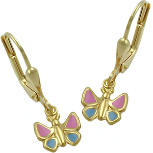 Schmetterlings-Ohrhänger aus 9 Karat Gold mit pink-hellblau lackierten Flügeln, 22 × 7,5 mm