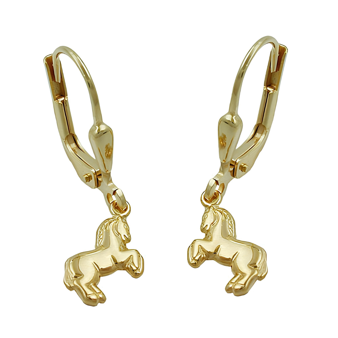 Pferde-Ohrhänger aus 9 Karat Gold mit aufbäumenden Pferdchen und Klappbügeln, 25 × 7 mm, auf weißem Hintergrund