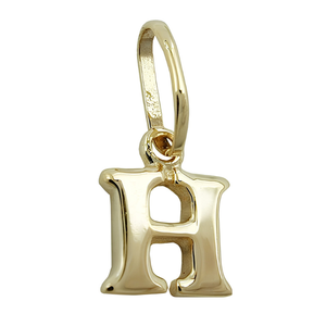 Buchstaben-Anhänger H aus hochglänzendem 375er Gelbgold mit länglicher Öse auf weißem Hintergrund.
