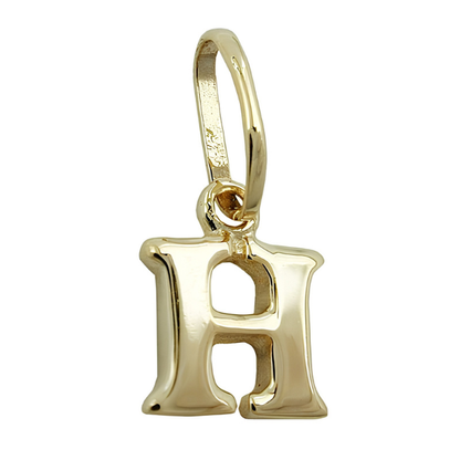 Buchstaben-Anhänger H aus hochglänzendem 375er Gelbgold mit länglicher Öse auf weißem Hintergrund.
