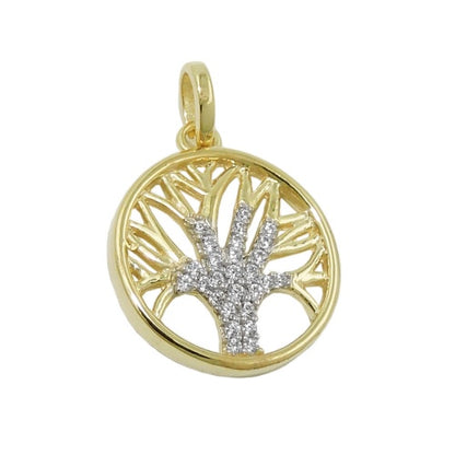 Lebensbaum-Anhänger rund mit Zirkonias 15mm 9 Karat Gelbgold