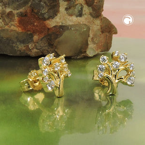 Lebensbaum-Ohrstecker Zirkonia 9x8mm 9 Karat Gelbgold