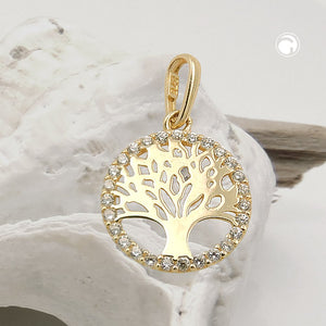 Lebensbaum-Anhänger Zirkonia-Rand 11mm 9 Karat Gelbgold