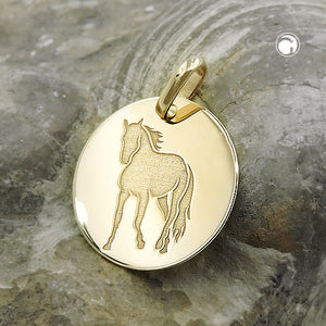 Pferde-Anhänger gravierbar glänzend 14mm 9 Karat Gelbgold