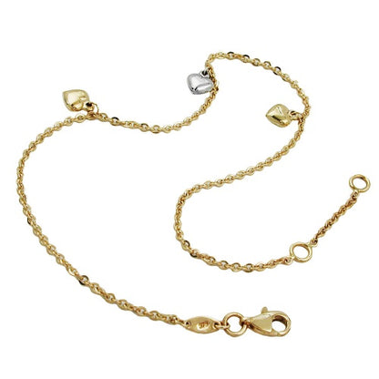 Fußkettchen 3 Herzen Bicolor Ankerkette 1,7mm Gold 375 9kt 22,5/25cm
