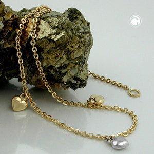 Fußkettchen 3 Herzen Bicolor Ankerkette 1,7mm Gold 375 9kt 22,5/25cm