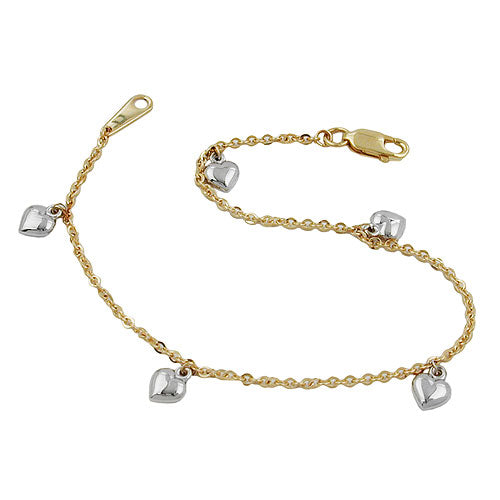 Bicolor-Armband 5 Herzen rhodiniert Ankerkette 1,7mm Gold 375 9kt 18,5cm