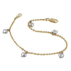 Bicolor-Armband 5 Herzen rhodiniert Ankerkette 1,7mm Gold 375 9kt 18,5cm