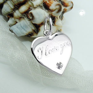 Anhänger 16mm Herz mit Schriftzug - I love you- und Zirkonia glänzend Silber 925