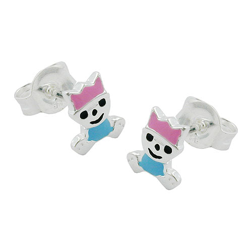 Ohrstecker Ohrring 7x6mm kleiner König pink-hellblau lackiert Silber 925