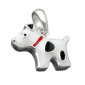 Kinder-Anhänger Hund schwarz gefleckt lackiert 12x10mm Silber 925