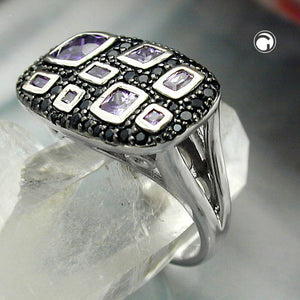 Ring 13x22mm mit Zirkonias lila-schwarz glänzend rhodiniert Silber 925