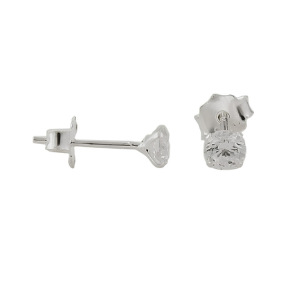 Zirkonia-Ohrstecker aus Silber 925 mit runden weißen Steinen, 4 mm, in Vorder- und Seitenansicht auf weißem Hintergrund