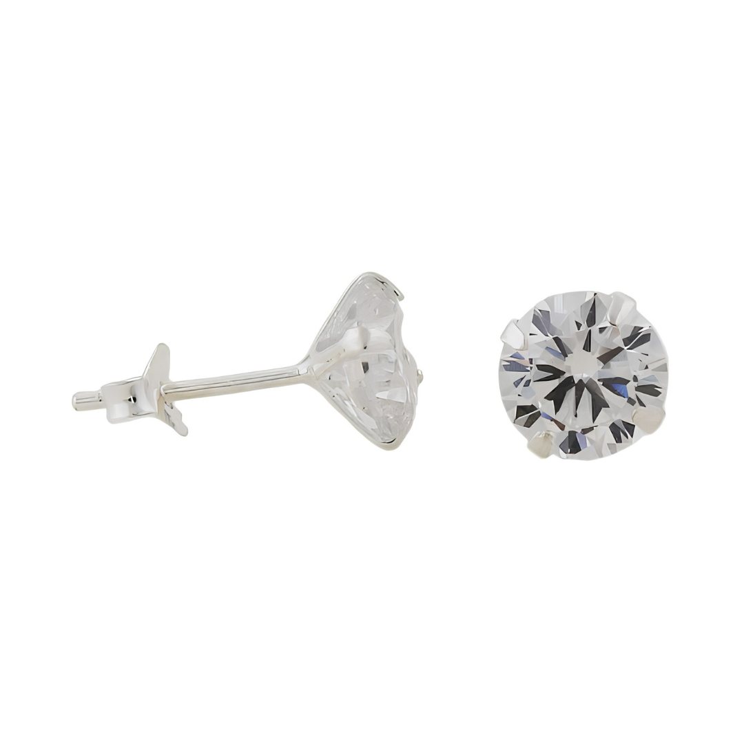 Paar runde Zirkonia-Ohrstecker aus Silber 925, 6 mm, mit Vierkrappenfassung