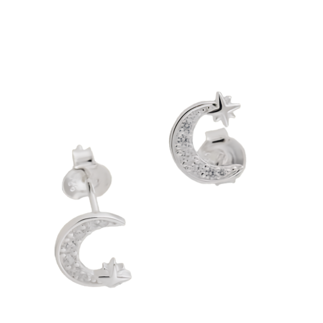 Halbmond-Ohrstecker aus Silber 925 mit weißen Zirkonia und kleinen Sternen
