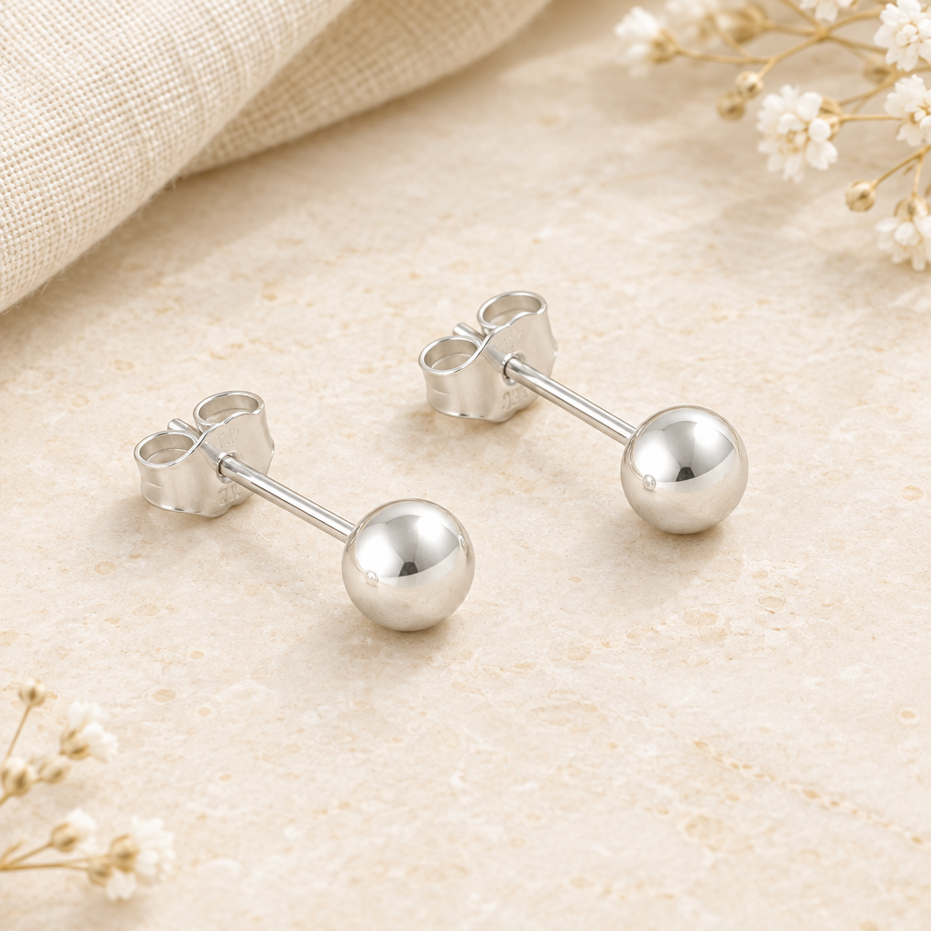 Kugel-Ohrstecker aus Silber 925 auf hellem Naturstein mit cremefarbenem Leinen und kleinen weißen Blüten