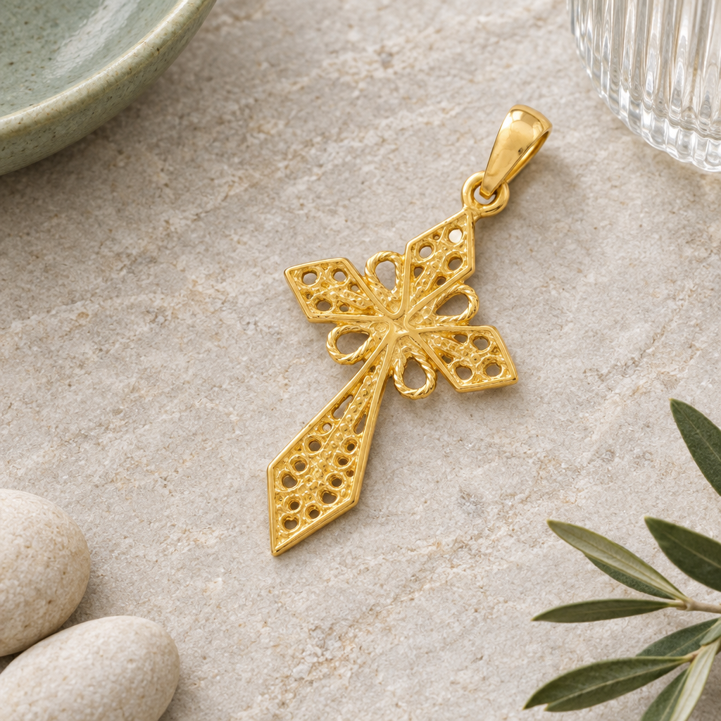 Filigraner Goldkreuz-Anhänger diagonal auf hellem Naturstein mit salbeifarbener Keramik, geriffeltem Glas, hellen Steinen und grünem Zweig.