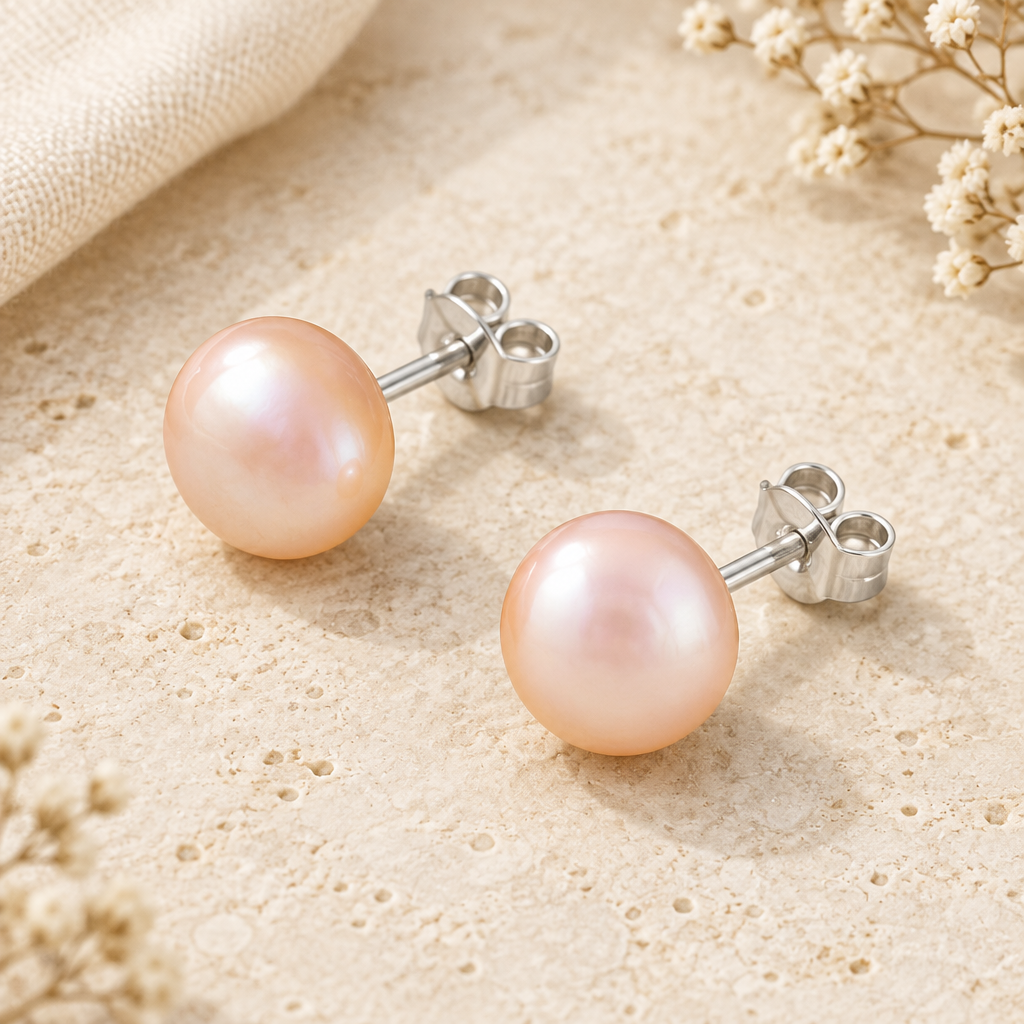 Roséfarbene Perlen-Ohrstecker aus Silber 925 auf hellem Naturstein mit cremefarbenem Leinen und kleinen weißen Blüten